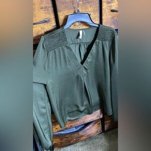 Glam Olive Blouse with Smocked Shoulders